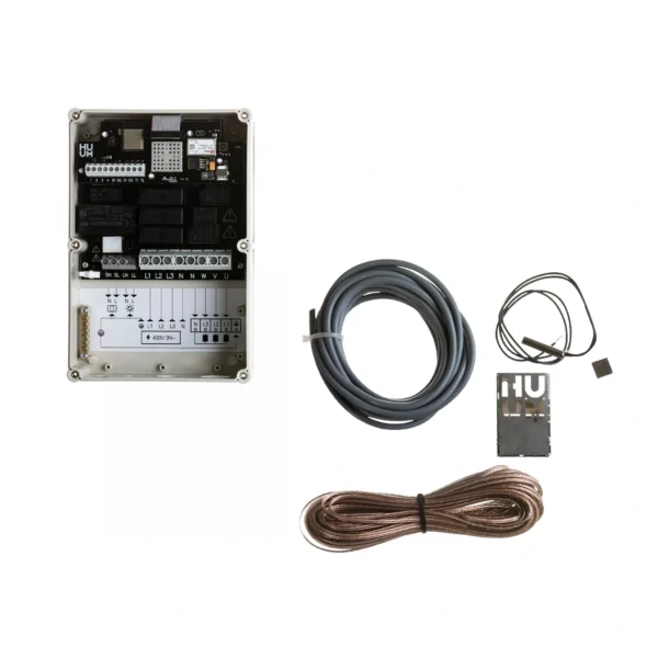 HUUM sauna heater controller set with wiring, temperature sensor, and components.
