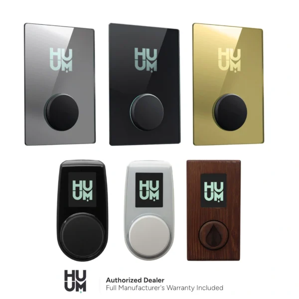 A collection of HUUM sauna control panel options, including Glass Black, Glass Mirror, Glass Gold, Classic Black, Classic White, and Wood designs.
