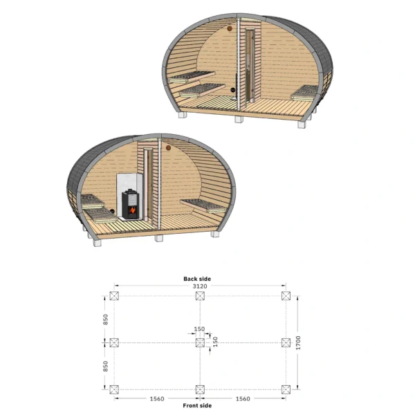 Detailed dimensional diagram of the Ilmarinen barrel sauna, including measurements for the front, side, and top views, highlighting its compact yet functional design for outdoor use.
