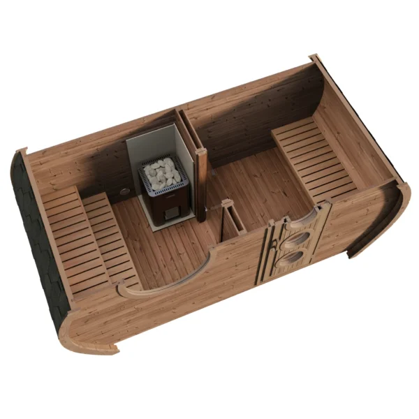 Top-down perspective of the Ilmarinen sauna interior, showcasing the ergonomic layout of the wooden benches, a partitioned area for changing, and the placement of the heating stove for optimal heat distribution.