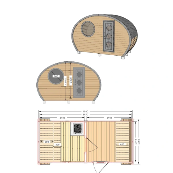 Interior layout of the Ilmarinen barrel sauna, showing the spacious seating arrangements, wooden benches, and the centrally positioned heating stove, designed for a comfortable and relaxing sauna experience.