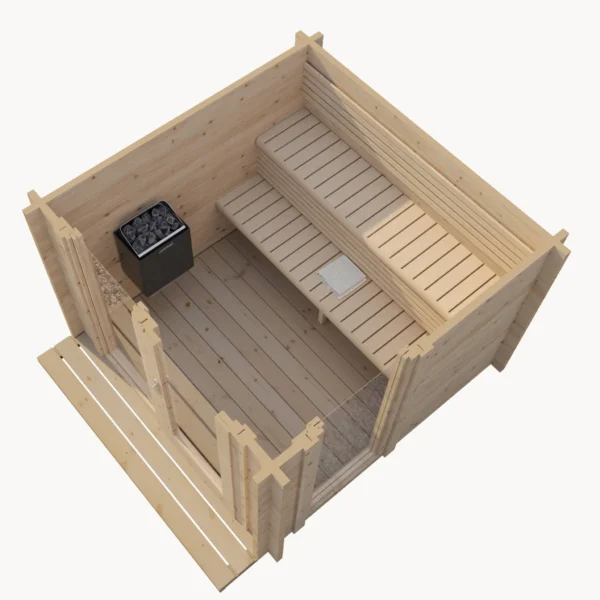 Mielikki sauna, compact and stylish, measuring 2.29 x 2.47 m. Crafted from spruce, featuring tempered glass windows and premium aspen benches for a cozy sauna experience.