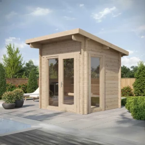 Mielikki sauna, compact and stylish, measuring 2.29 x 2.47 m. Crafted from spruce, featuring tempered glass windows and premium aspen benches for a cozy sauna experience.