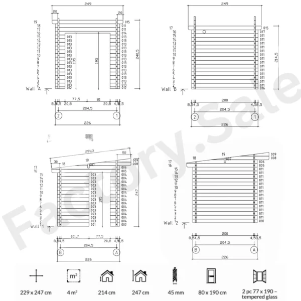Mielikki sauna, compact and stylish, measuring 2.29 x 2.47 m. Crafted from spruce, featuring tempered glass windows and premium aspen benches for a cozy sauna experience.