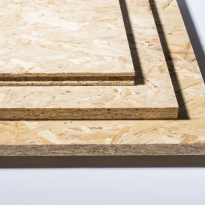 OSB-3 boards with tongue and groove application, showcasing their precise edges and durable construction.