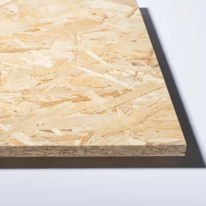 Close-up look of an OSB 3 wood-based panel, showcasing its layered texture and precise edges, ideal for construction and interior applications.