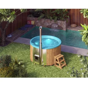Wooden hot tub with blue fiberglass interior and stove.