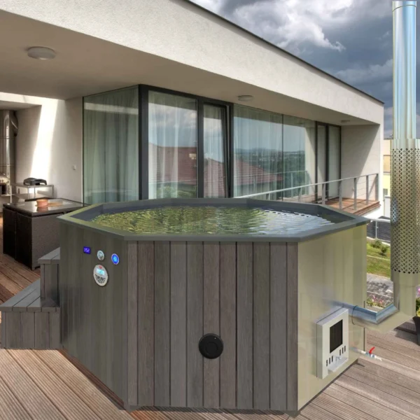 The "BubbleKing XXL" hot tub provides a spacious and luxurious relaxation experience for up to 10 people. It features an ergonomic octagonal fiberglass insert (available in Gray, Blue, or White), durable thermowood walls, and an integrated stainless steel heater (30kW) with a 2-meter chimney. With its 2400-liter capacity, it's perfect for gatherings or quiet evenings. Optional LED lighting, air bubble system, and Bluetooth speakers enhance the experience further.