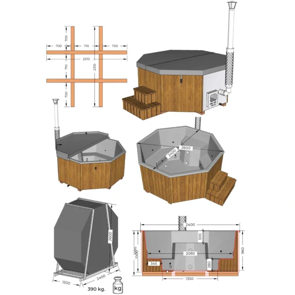 The "BubbleKing XXL" hot tub provides a spacious and luxurious relaxation experience for up to 10 people. It features an ergonomic octagonal fiberglass insert (available in Gray, Blue, or White), durable thermowood walls, and an integrated stainless steel heater (30kW) with a 2-meter chimney. With its 2400-liter capacity, it's perfect for gatherings or quiet evenings. Optional LED lighting, air bubble system, and Bluetooth speakers enhance the experience further.