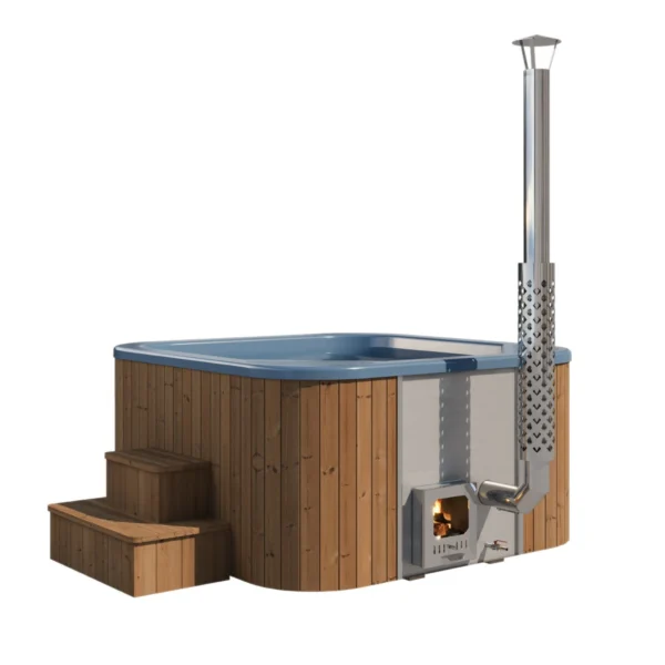 "Icon 205" hot tub with an ergonomic fiberglass insert and thermowood walls, ideal for six people. Features include an AIS 304 stainless steel heater and a 2-meter chimney with a protective grille.
