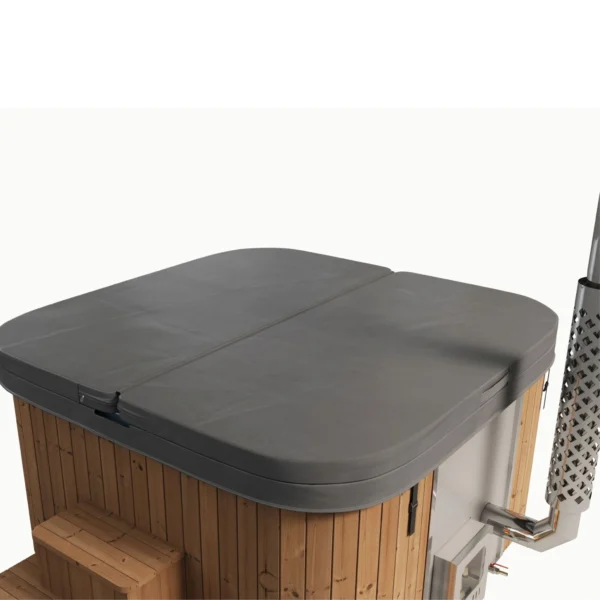"Icon 205" hot tub with an ergonomic fiberglass insert and thermowood walls, ideal for six people. Features include an AIS 304 stainless steel heater and a 2-meter chimney with a protective grille.