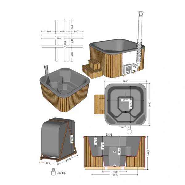 "Icon 205" hot tub with an ergonomic fiberglass insert and thermowood walls, ideal for six people. Features include an AIS 304 stainless steel heater and a 2-meter chimney with a protective grille.