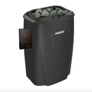 Harvia Moderna electric sauna heater in black with digital control panel, featuring sauna stones on top.