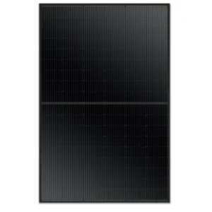 Kontio Solar 410W black monocrystalline solar panel with half-cut cell technology, high efficiency, and durable aluminum frame.