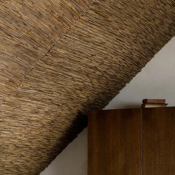 Detail from the ceiling of the Wabi-Sabi villa – Dense reed mat adorning the attic ceilings as a design element.