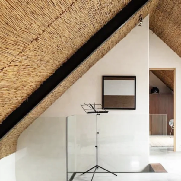 Wabi-Sabi Villa – Dense reed mat adorning the attic ceilings as a design element.