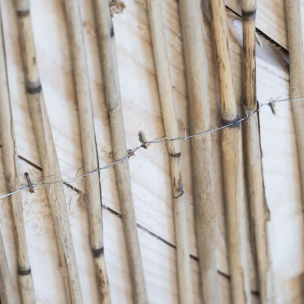 Sparse reed mat stapled to a wooden frame.