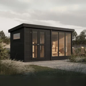 High-quality Tuulikki sauna with changing room, modern outdoor sauna made from Nordic spruce with large tempered glass windows.