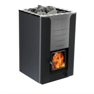 Harvia 36 Pro wood burning sauna stove for 14–36 m³ rooms with stones on top and front-loading firebox.