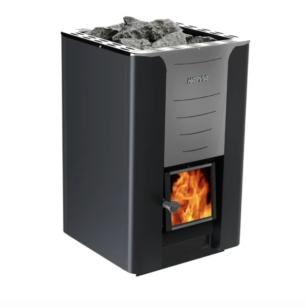 Harvia 36 Pro wood burning sauna stove for 14–36 m³ rooms with stones on top and front-loading firebox.