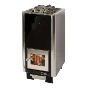 Misa 11308 wood-burning sauna stove with glass door, stainless steel body, and stone top for 15–30 m³ saunas