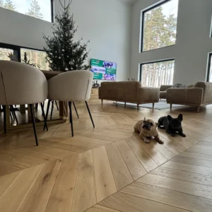 Woodengold oak french herringbone chevron 45°/60° T&G obiekt (120x650 mm)