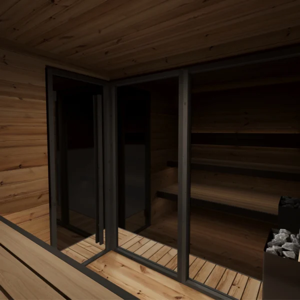 View from inside the ARYA L sauna through the glass door