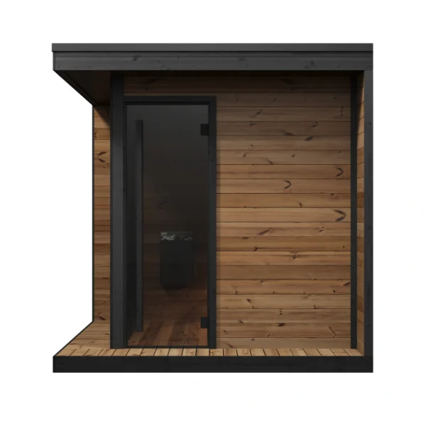 ARYA L sauna side view with dark glass door and wooden facade