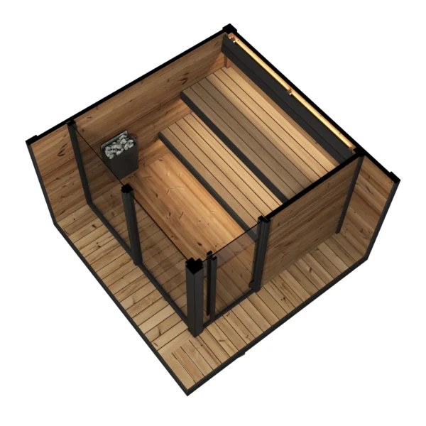 ARYA L sauna top view with glass wall, stove and benches
