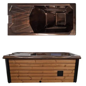 Top and side view of the Lumi Solo hot tub, highlighting ergonomic interior design and stylish wooden exterior finish.