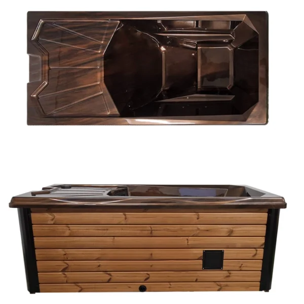 Top and side view of the Lumi Solo hot tub, highlighting ergonomic interior design and stylish wooden exterior finish.