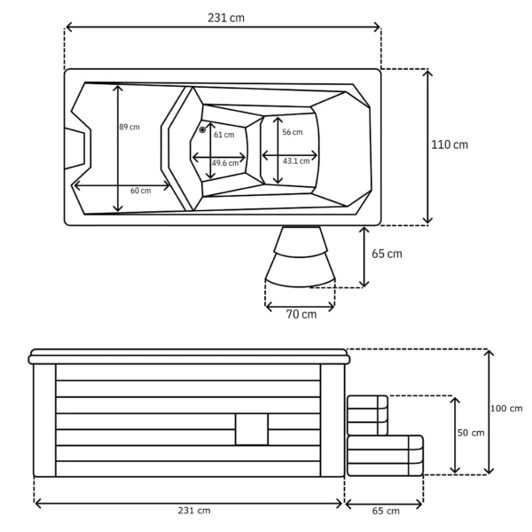 Technical diagram of Lumi Solo hot tub dimensions – length 231 cm, width 110 cm, depth 90 cm – including seat and backrest measurements.