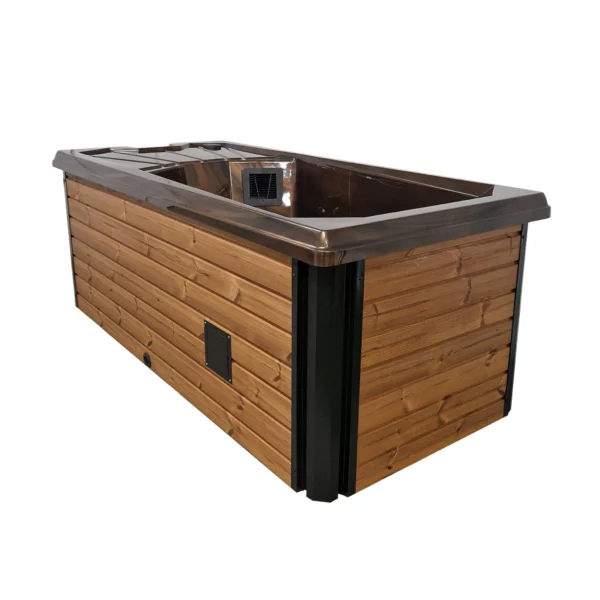 Lumi Solo personal hot tub with a coffee marble acrylic interior and thermo-wood paneling – compact and luxurious relaxation for one.