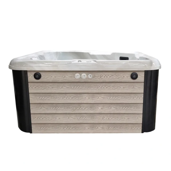 Pacifico hot tub with ivory WPC paneling and black corners, side view