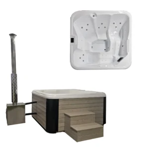 Pacifico hot tub with external wood-fired stove and light wooden steps