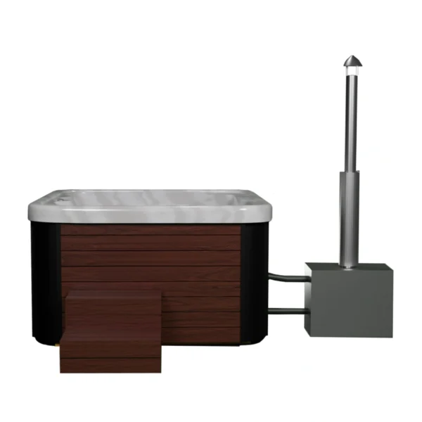 Pacifico hot tub with dark wood finish and external wood-fired stove
