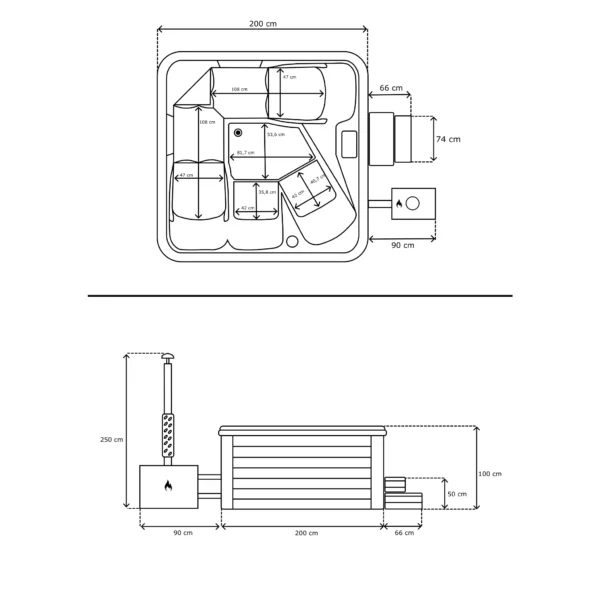 Pacifico hot tub technical drawing with dimensions – top and side view